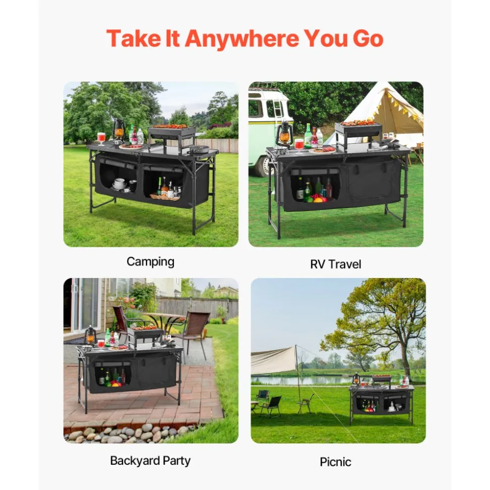 VEVOR Camping Kitchen Table, Folding Outdoor Cooking Table, 3 Adjustable Heights, Aluminum Lightweight Portable Cook Station with Storage Organizer, Carry Handle, for BBQ Party Picnic RV Travel, Black
