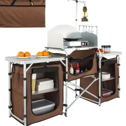 VEVOR Camping Kitchen Table, Folding Outdoor Cooking Table with Storage Carrying Bag, Aluminum Cook Station 3 Cupboard & Detachable Windscreen, Quick Set-up for Picnics, BBQ, RV Traveling, Brown