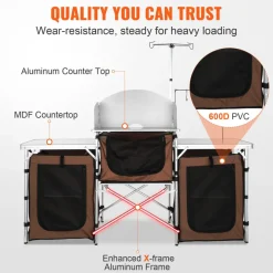 VEVOR Camping Kitchen Table, Folding Outdoor Cooking Table with Storage Carrying Bag, Aluminum Cook Station 3 Cupboard & Detachable Windscreen, Quick Set-up for Picnics, BBQ, RV Traveling, Brown