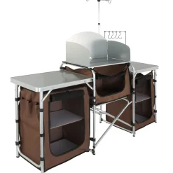 VEVOR Camping Kitchen Table, Folding Outdoor Cooking Table with Storage Carrying Bag, Aluminum Cook Station 3 Cupboard & Detachable Windscreen, Quick Set-up for Picnics, BBQ, RV Traveling, Brown