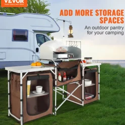 VEVOR Camping Kitchen Table, Folding Outdoor Cooking Table with Storage Carrying Bag, Aluminum Cook Station 3 Cupboard & Detachable Windscreen, Quick Set-up for Picnics, BBQ, RV Traveling, Brown