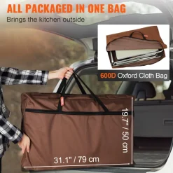 VEVOR Camping Kitchen Table, Folding Outdoor Cooking Table with Storage Carrying Bag, Aluminum Cook Station 3 Cupboard & Detachable Windscreen, Quick Set-up for Picnics, BBQ, RV Traveling, Brown