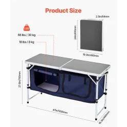 VEVOR Camping Kitchen Table, Folding Outdoor Cooking Table, 3 Adjustable Height, Aluminum Lightweight Portable Cook Station with Storage Organizer, Carry Handle, for BBQ Party Picnic RV Travel, Blue