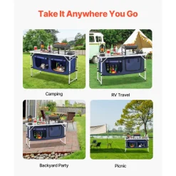 VEVOR Camping Kitchen Table, Folding Outdoor Cooking Table, 3 Adjustable Height, Aluminum Lightweight Portable Cook Station with Storage Organizer, Carry Handle, for BBQ Party Picnic RV Travel, Blue