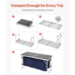 VEVOR Camping Kitchen Table, Folding Outdoor Cooking Table, 3 Adjustable Height, Aluminum Lightweight Portable Cook Station with Storage Organizer, Carry Handle, for BBQ Party Picnic RV Travel, Blue