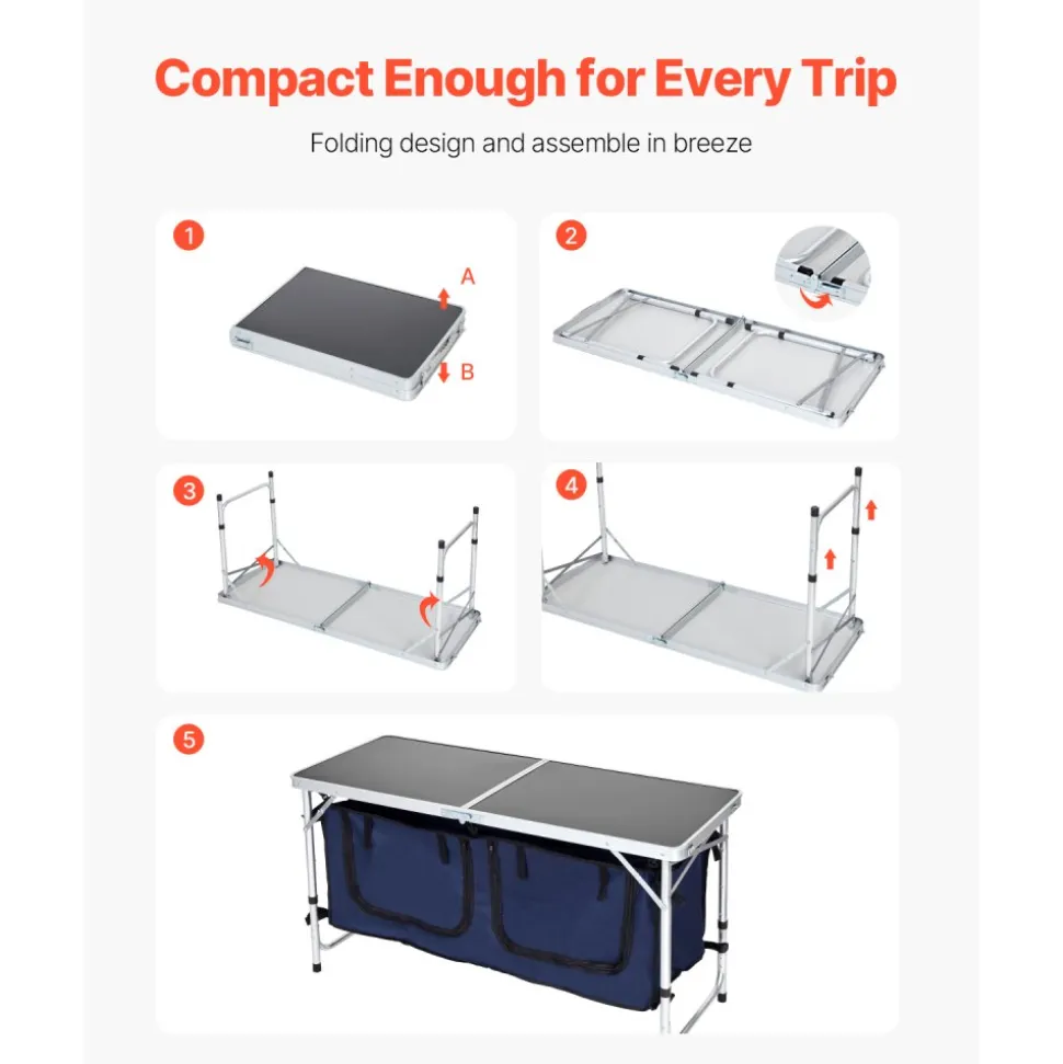 VEVOR Camping Kitchen Table, Folding Outdoor Cooking Table, 3 Adjustable Height, Aluminum Lightweight Portable Cook Station with Storage Organizer, Carry Handle, for BBQ Party Picnic RV Travel, Blue