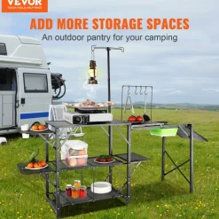 VEVOR Camping Kitchen Table, One-piece Folding Portable Cook Station with A Carrying Bag, Aluminum Camping Table 4 Iron Side Tables & 2 Shelves, Ideal for Outdoor Picnics, BBQs, Camping, RV Traveling