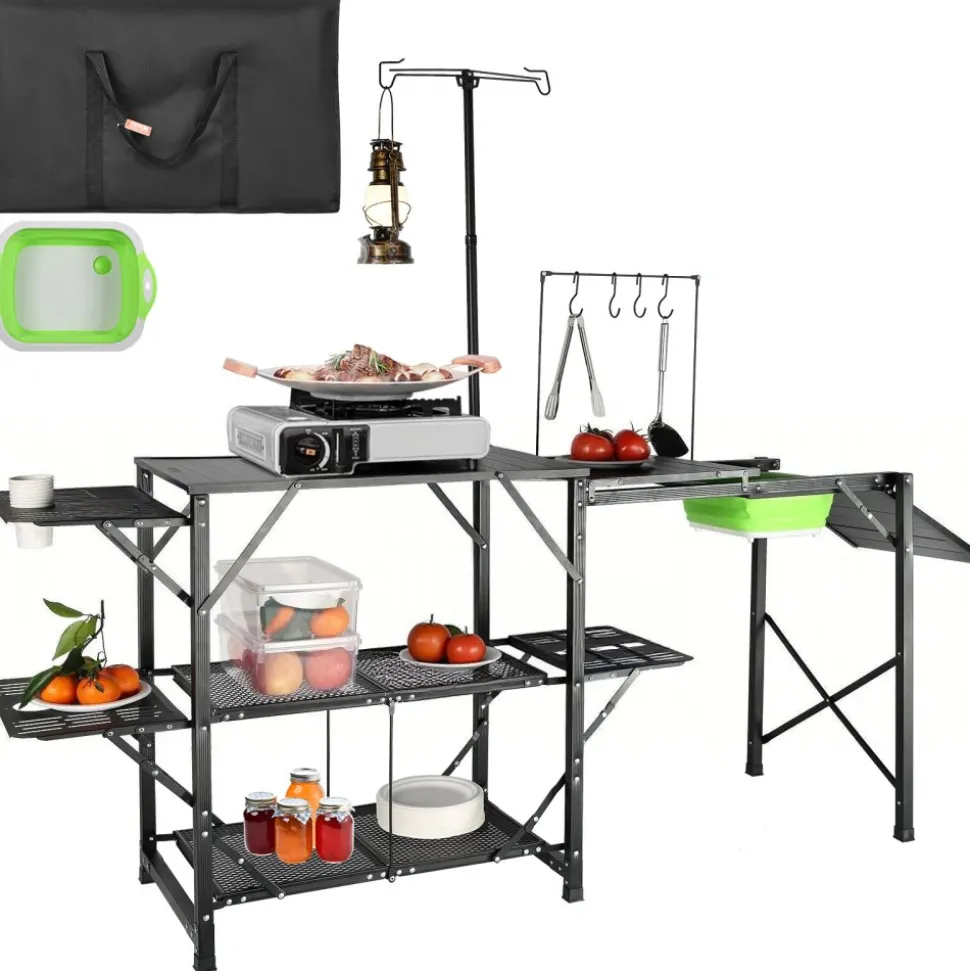 VEVOR Camping Kitchen Table, One-piece Folding Portable Cook Station with A Carrying Bag, Aluminum Camping Table 4 Iron Side Tables & 2 Shelves, Ideal for Outdoor Picnics, BBQs, Camping, RV Traveling