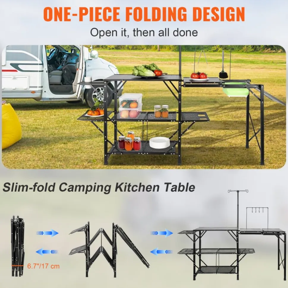 VEVOR Camping Kitchen Table, One-piece Folding Portable Cook Station with A Carrying Bag, Aluminum Camping Table 4 Iron Side Tables & 2 Shelves, Ideal for Outdoor Picnics, BBQs, Camping, RV Traveling