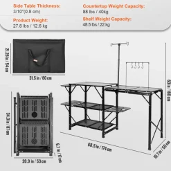 VEVOR Camping Kitchen Table, One-piece Folding Portable Cook Station with A Carrying Bag, Aluminum Camping Table 4 Iron Side Tables & 2 Shelves, Ideal for Outdoor Picnics, BBQs, Camping, RV Traveling