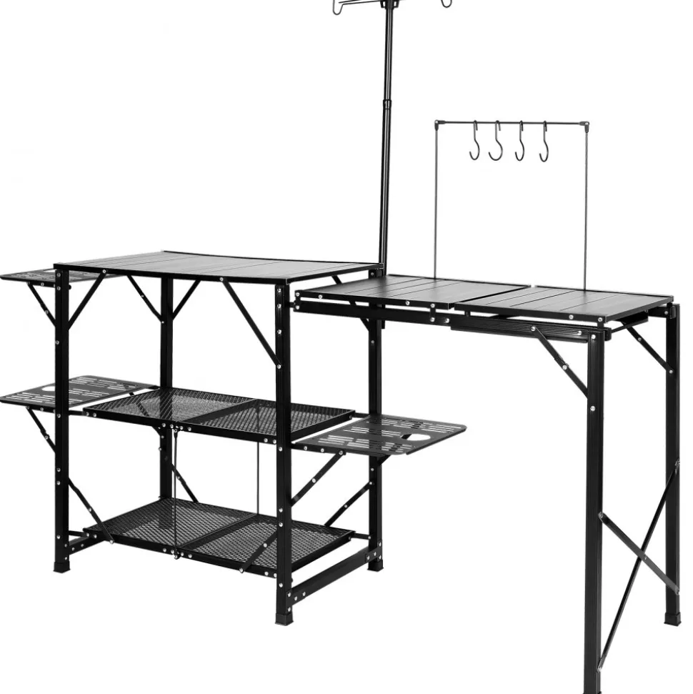VEVOR Camping Kitchen Table, One-piece Folding Portable Cook Station with A Carrying Bag, Aluminum Camping Table 4 Iron Side Tables & 2 Shelves, Ideal for Outdoor Picnics, BBQs, Camping, RV Traveling