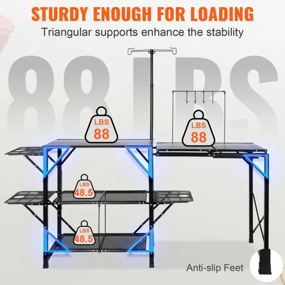 VEVOR Camping Kitchen Table, One-piece Folding Portable Cook Station with A Carrying Bag, Aluminum Camping Table 4 Iron Side Tables & 2 Shelves, Ideal for Outdoor Picnics, BBQs, Camping, RV Traveling
