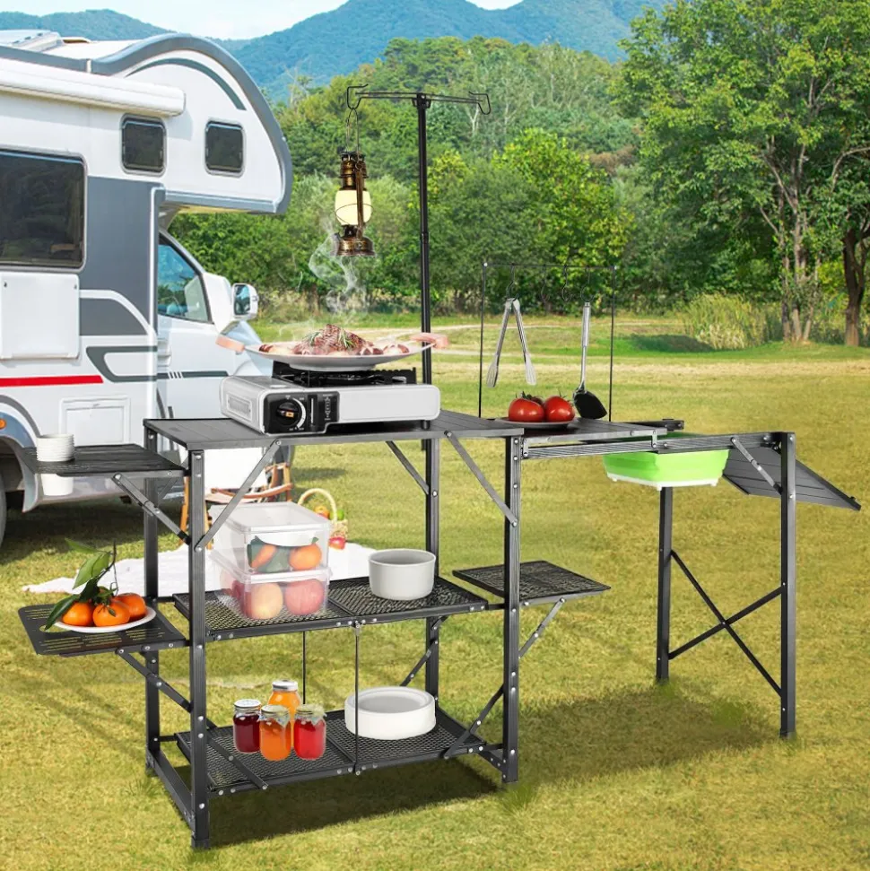VEVOR Camping Kitchen Table, One-piece Folding Portable Cook Station with A Carrying Bag, Aluminum Camping Table 4 Iron Side Tables & 2 Shelves, Ideal for Outdoor Picnics, BBQs, Camping, RV Traveling