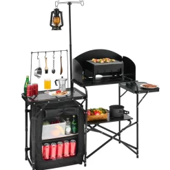 VEVOR Camping Kitchen Table, Outdoor Camp Cooking Table, Aluminum Portable Cook Station with Storage Cupboard, Carrying Bag, Detachable Windscreen, Quick Set-up for BBQ Party Picnic RV Travel, Black