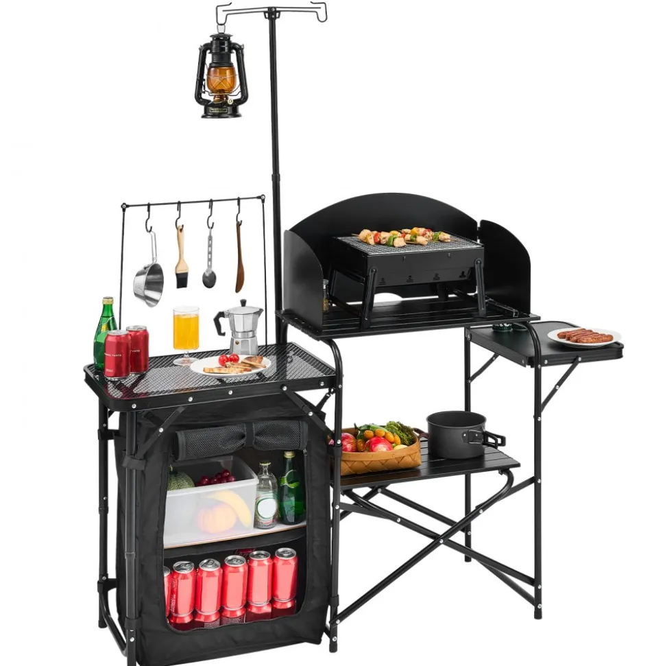 VEVOR Camping Kitchen Table, Outdoor Camp Cooking Table, Aluminum Portable Cook Station with Storage Cupboard, Carrying Bag, Detachable Windscreen, Quick Set-up for BBQ Party Picnic RV Travel, Black