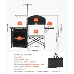VEVOR Camping Kitchen Table, Outdoor Camp Cooking Table, Aluminum Portable Cook Station with Storage Cupboard, Carrying Bag, Detachable Windscreen, Quick Set-up for BBQ Party Picnic RV Travel, Black