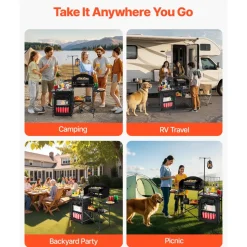 VEVOR Camping Kitchen Table, Outdoor Camp Cooking Table, Aluminum Portable Cook Station with Storage Cupboard, Carrying Bag, Detachable Windscreen, Quick Set-up for BBQ Party Picnic RV Travel, Black