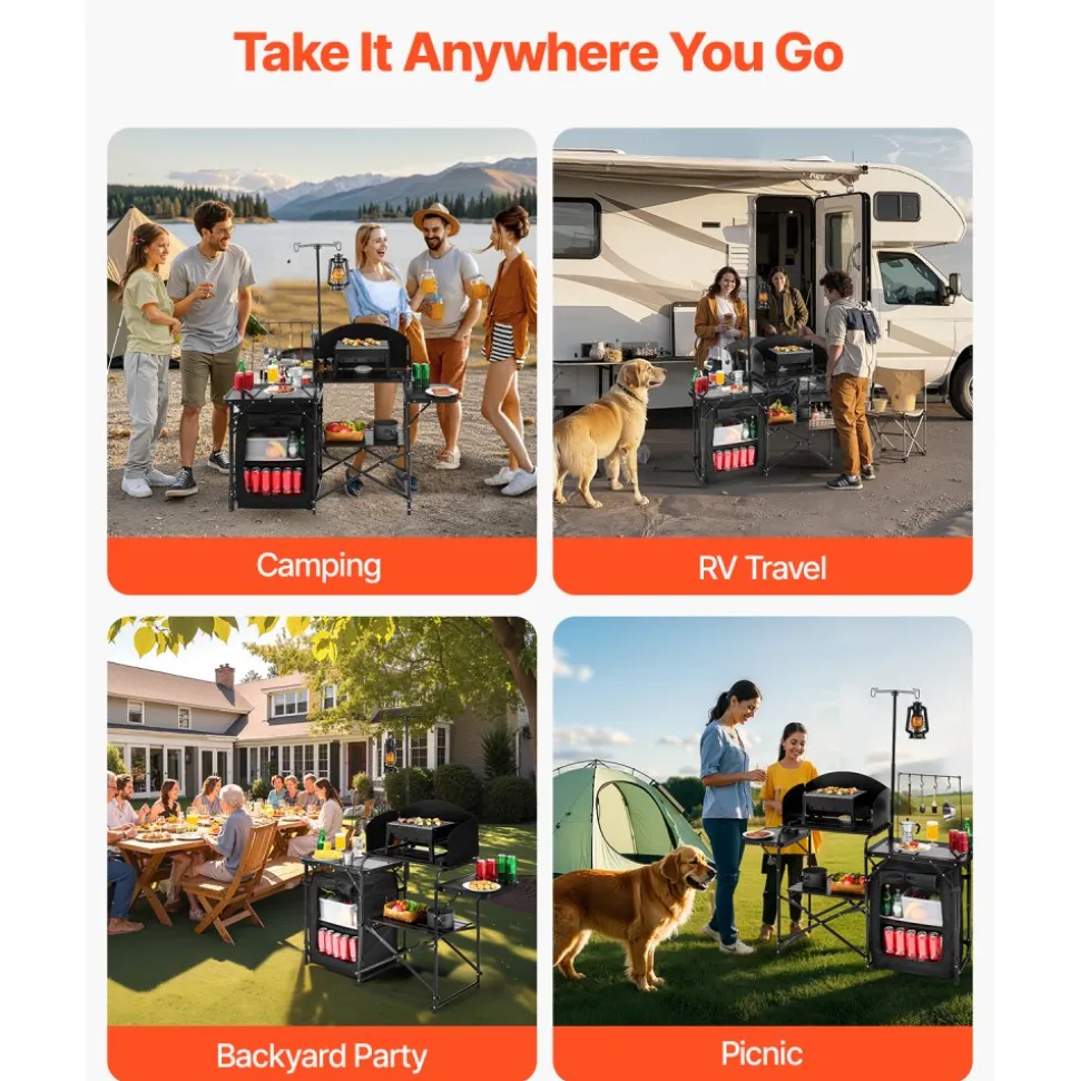 VEVOR Camping Kitchen Table, Outdoor Camp Cooking Table, Aluminum Portable Cook Station with Storage Cupboard, Carrying Bag, Detachable Windscreen, Quick Set-up for BBQ Party Picnic RV Travel, Black