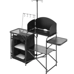 VEVOR Camping Kitchen Table, Outdoor Camp Cooking Table, Aluminum Portable Cook Station with Storage Cupboard, Carrying Bag, Detachable Windscreen, Quick Set-up for BBQ Party Picnic RV Travel, Black