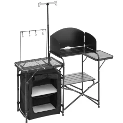 VEVOR Camping Kitchen Table, Outdoor Camp Cooking Table, Aluminum Portable Cook Station with Storage Cupboard, Carrying Bag, Detachable Windscreen, Quick Set-up for BBQ Party Picnic RV Travel, Black