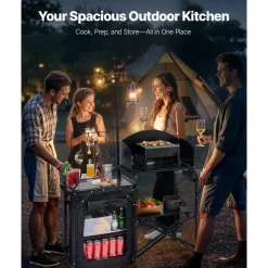VEVOR Camping Kitchen Table, Outdoor Camp Cooking Table, Aluminum Portable Cook Station with Storage Cupboard, Carrying Bag, Detachable Windscreen, Quick Set-up for BBQ Party Picnic RV Travel, Black