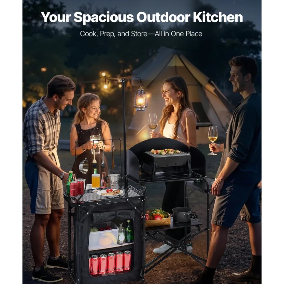 VEVOR Camping Kitchen Table, Outdoor Camp Cooking Table, Aluminum Portable Cook Station with Storage Cupboard, Carrying Bag, Detachable Windscreen, Quick Set-up for BBQ Party Picnic RV Travel, Black