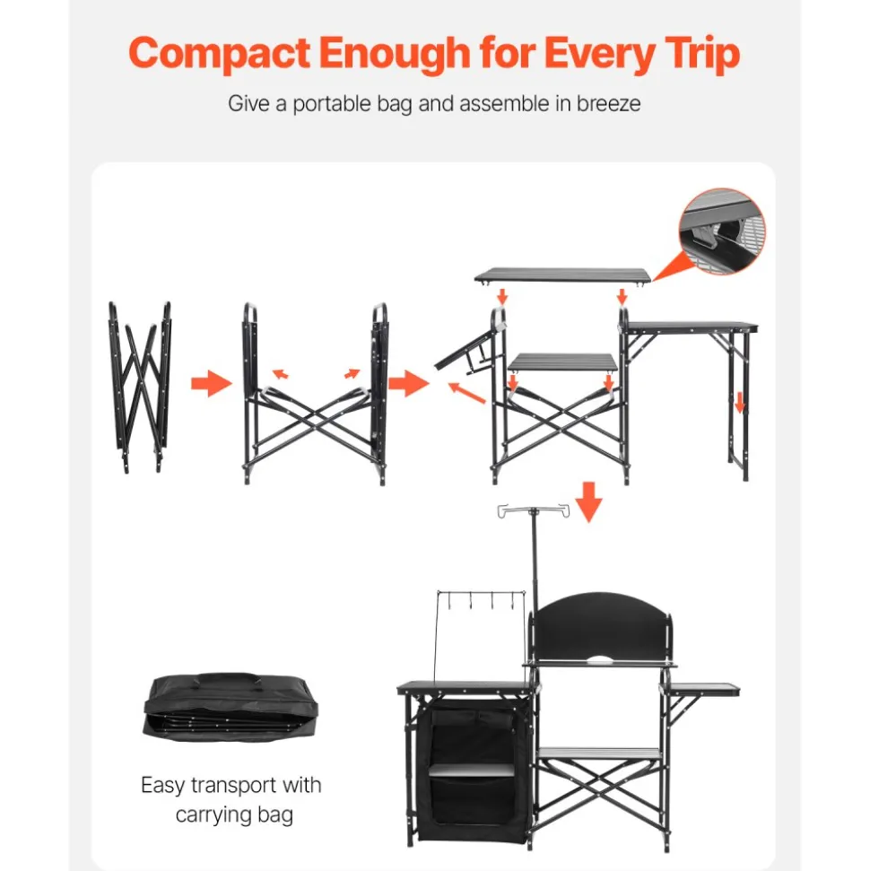 VEVOR Camping Kitchen Table, Outdoor Camp Cooking Table, Aluminum Portable Cook Station with Storage Cupboard, Carrying Bag, Detachable Windscreen, Quick Set-up for BBQ Party Picnic RV Travel, Black