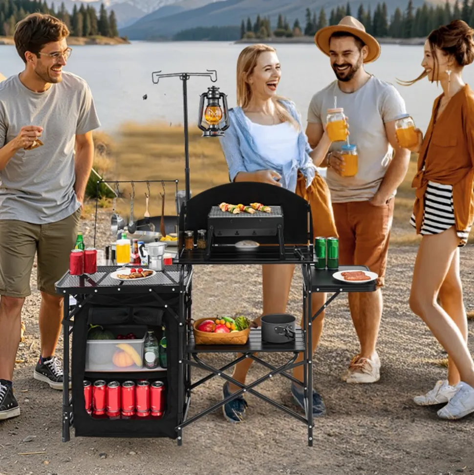 VEVOR Camping Kitchen Table, Outdoor Camp Cooking Table, Aluminum Portable Cook Station with Storage Cupboard, Carrying Bag, Detachable Windscreen, Quick Set-up for BBQ Party Picnic RV Travel, Black
