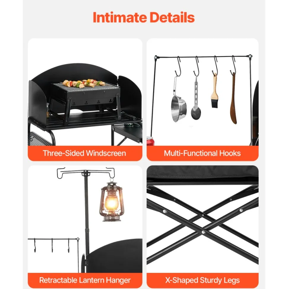 VEVOR Camping Kitchen Table, Outdoor Camp Cooking Table, Aluminum Portable Cook Station with Storage Cupboard, Carrying Bag, Detachable Windscreen, Quick Set-up for BBQ Party Picnic RV Travel, Black