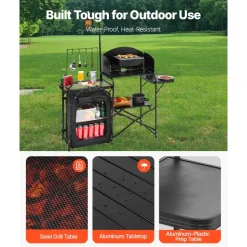 VEVOR Camping Kitchen Table, Outdoor Camp Cooking Table, Aluminum Portable Cook Station with Storage Cupboard, Carrying Bag, Detachable Windscreen, Quick Set-up for BBQ Party Picnic RV Travel, Black