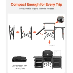 VEVOR Camping Kitchen Table, Outdoor Camp Cooking Table, Aluminum Portable Cook Station with 3 Storage Cupboard, Carrying Bag, Detachable Windscreen, Quick Set-up for BBQ Party Picnic RV Travel, Black