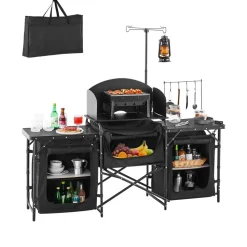 VEVOR Camping Kitchen Table, Outdoor Camp Cooking Table, Aluminum Portable Cook Station with 3 Storage Cupboard, Carrying Bag, Detachable Windscreen, Quick Set-up for BBQ Party Picnic RV Travel, Black