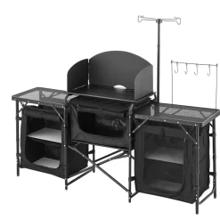 VEVOR Camping Kitchen Table, Outdoor Camp Cooking Table, Aluminum Portable Cook Station with 3 Storage Cupboard, Carrying Bag, Detachable Windscreen, Quick Set-up for BBQ Party Picnic RV Travel, Black