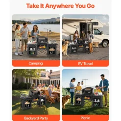 VEVOR Camping Kitchen Table, Outdoor Camp Cooking Table, Aluminum Portable Cook Station with 3 Storage Cupboard, Carrying Bag, Detachable Windscreen, Quick Set-up for BBQ Party Picnic RV Travel, Black