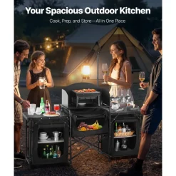 VEVOR Camping Kitchen Table, Outdoor Camp Cooking Table, Aluminum Portable Cook Station with 3 Storage Cupboard, Carrying Bag, Detachable Windscreen, Quick Set-up for BBQ Party Picnic RV Travel, Black