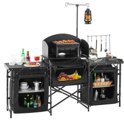 VEVOR Camping Kitchen Table, Outdoor Camp Cooking Table, Aluminum Portable Cook Station with 3 Storage Cupboard, Carrying Bag, Detachable Windscreen, Quick Set-up for BBQ Party Picnic RV Travel, Black