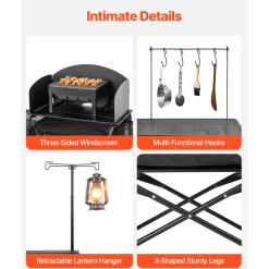 VEVOR Camping Kitchen Table, Outdoor Camp Cooking Table, Aluminum Portable Cook Station with 3 Storage Cupboard, Carrying Bag, Detachable Windscreen, Quick Set-up for BBQ Party Picnic RV Travel, Black