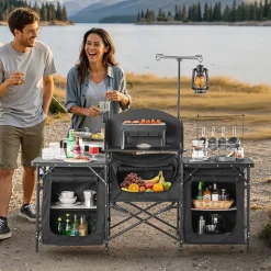 VEVOR Camping Kitchen Table, Outdoor Camp Cooking Table, Aluminum Portable Cook Station with 3 Storage Cupboard, Carrying Bag, Detachable Windscreen, Quick Set-up for BBQ Party Picnic RV Travel, Black