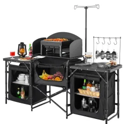 VEVOR Camping Kitchen Table, Outdoor Camp Cooking Table, Aluminum Portable Cook Station with 3 Storage Cupboard, Carrying Bag, Detachable Windscreen, Quick Set-up for BBQ Party Picnic RV Travel, Black