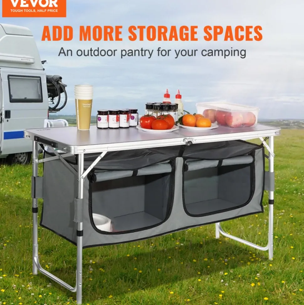 VEVOR Camping Kitchen Table, Quick set-up Folding Camping Table with A Carrying Bag, 3 Adjustable Heights, MDF Camping Table, Ideal for Outdoor Picnics, BBQs, Camping, RV Traveling