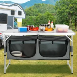 VEVOR Camping Kitchen Table, Quick set-up Folding Camping Table with A Carrying Bag, 3 Adjustable Heights, MDF Camping Table, Ideal for Outdoor Picnics, BBQs, Camping, RV Traveling