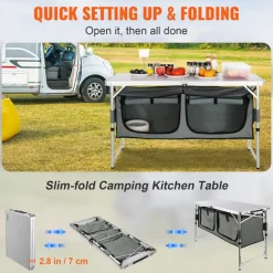 VEVOR Camping Kitchen Table, Quick set-up Folding Camping Table with A Carrying Bag, 3 Adjustable Heights, MDF Camping Table, Ideal for Outdoor Picnics, BBQs, Camping, RV Traveling