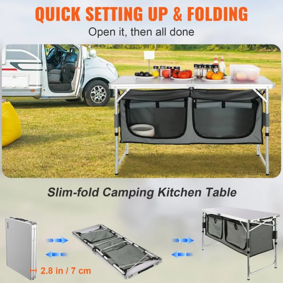 VEVOR Camping Kitchen Table, Quick set-up Folding Camping Table with A Carrying Bag, 3 Adjustable Heights, MDF Camping Table, Ideal for Outdoor Picnics, BBQs, Camping, RV Traveling