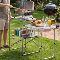VEVOR Camping Kitchen Table, Slim-Fold Cook Station, Portable Folding Table, with Side Table, Heat Resistant Tabletop, and Carrying Bag, Ideal for Outdoor Picnics, BBQs, Camping, RV Traveling