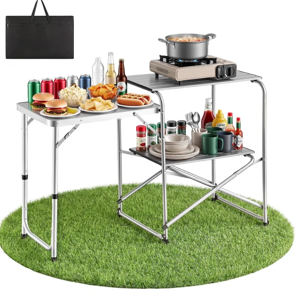 VEVOR Camping Kitchen Table, Slim-Fold Cook Station, Portable Folding Table, with Side Table, Heat Resistant Tabletop, and Carrying Bag, Ideal for Outdoor Picnics, BBQs, Camping, RV Traveling