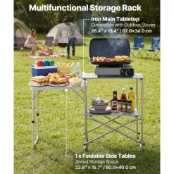 VEVOR Camping Kitchen Table, Slim-Fold Cook Station, Portable Folding Table, with Side Table, Heat Resistant Tabletop, and Carrying Bag, Ideal for Outdoor Picnics, BBQs, Camping, RV Traveling