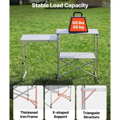 VEVOR Camping Kitchen Table, Slim-Fold Cook Station, Portable Folding Table, with Side Table, Heat Resistant Tabletop, and Carrying Bag, Ideal for Outdoor Picnics, BBQs, Camping, RV Traveling