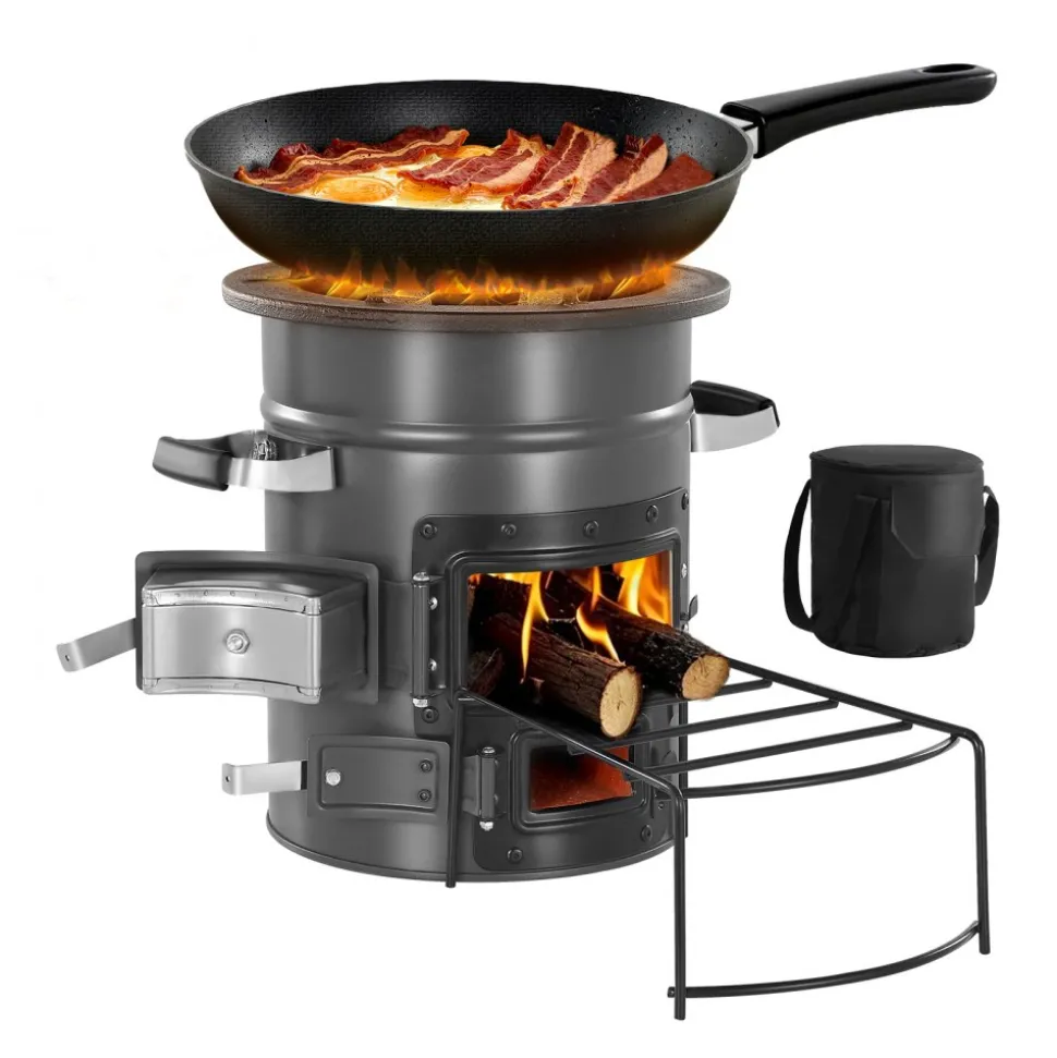 VEVOR Camping Rocket Stove, Wood Burning Portable Rocket Stove with Carrying Bag for Backpacking, SPCC Steel, Double Door, Burn Twigs, Sticks or Charcoals for Outdoor Cooking, Backyard, Camp Cooking
