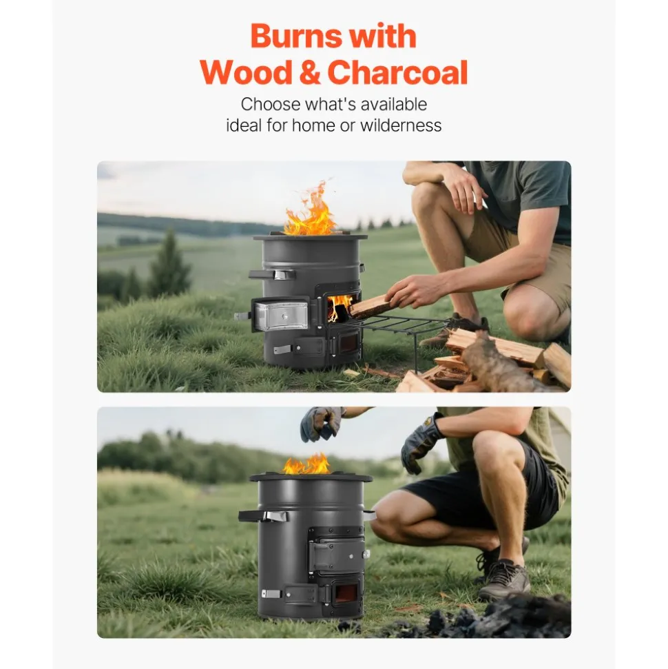 VEVOR Camping Rocket Stove, Wood Burning Portable Rocket Stove with Carrying Bag for Backpacking, SPCC Steel, Double Door, Burn Twigs, Sticks or Charcoals for Outdoor Cooking, Backyard, Camp Cooking