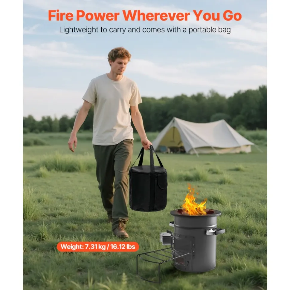VEVOR Camping Rocket Stove, Wood Burning Portable Rocket Stove with Carrying Bag for Backpacking, SPCC Steel, Double Door, Burn Twigs, Sticks or Charcoals for Outdoor Cooking, Backyard, Camp Cooking